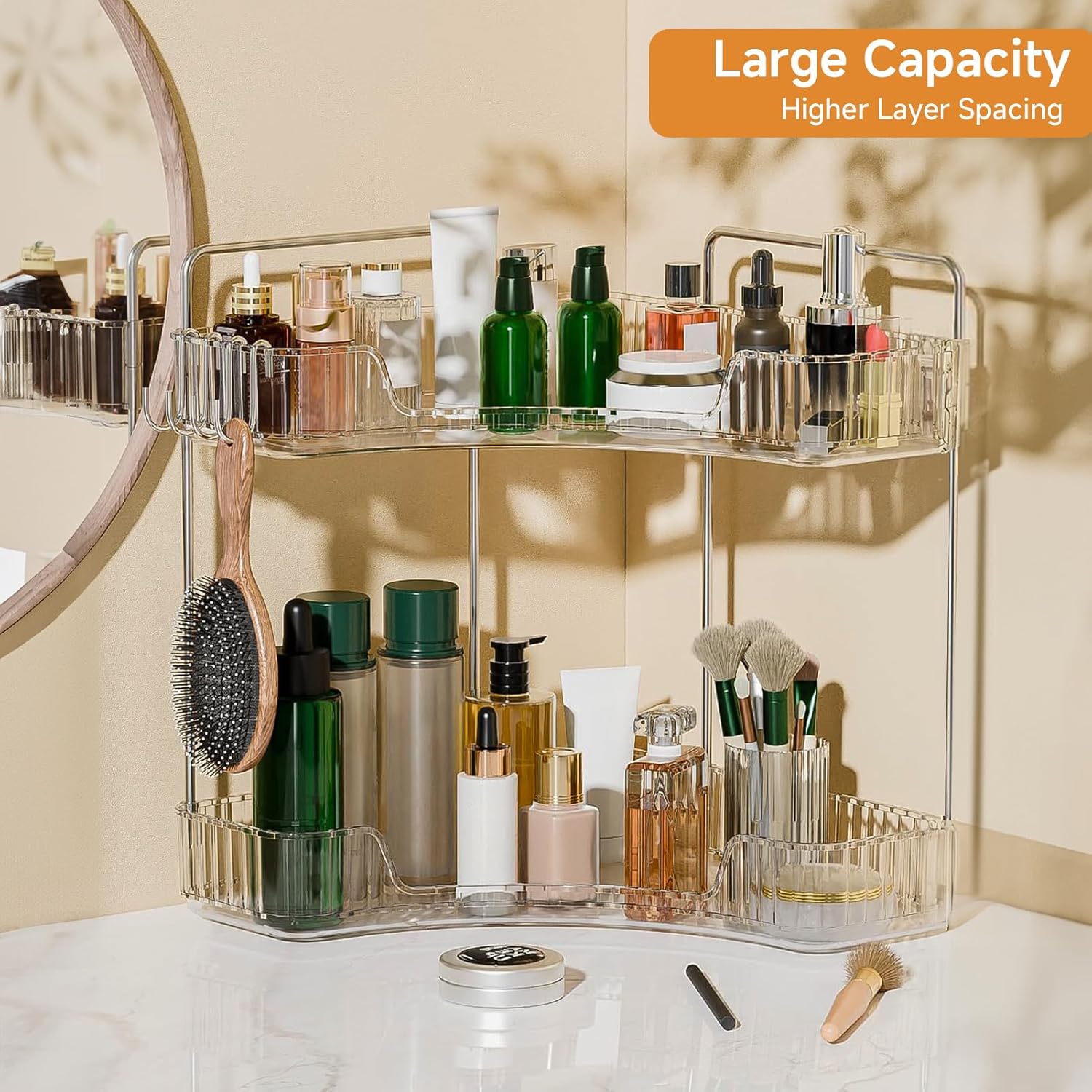 2 Tier Corner Bathroom Organizer Countertop, Plastic Bathroom Counter Organizer, Vanity Tray Sink Shelf with Hooks, for Makeup Storage (Clear) - Image 3