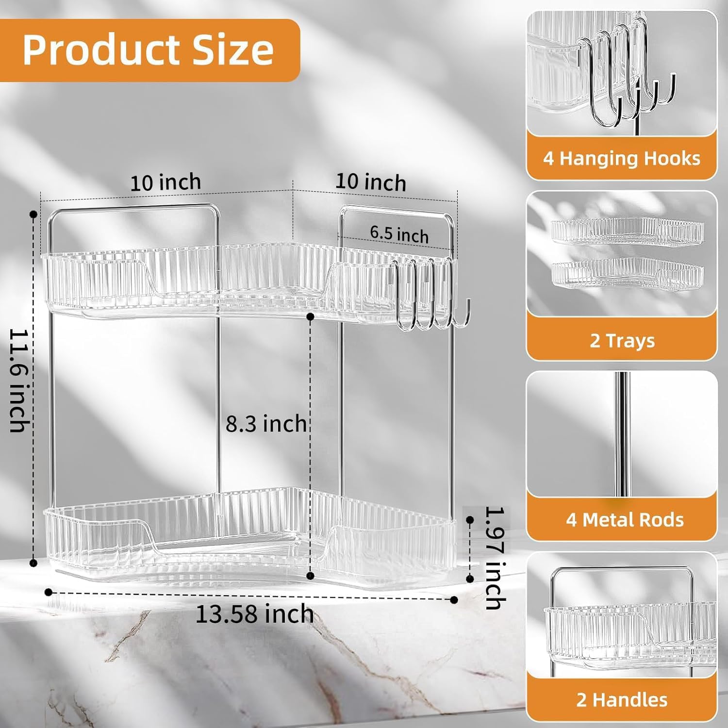 2 Tier Corner Bathroom Organizer Countertop, Plastic Bathroom Counter Organizer, Vanity Tray Sink Shelf with Hooks, for Makeup Storage (Clear) - Image 6