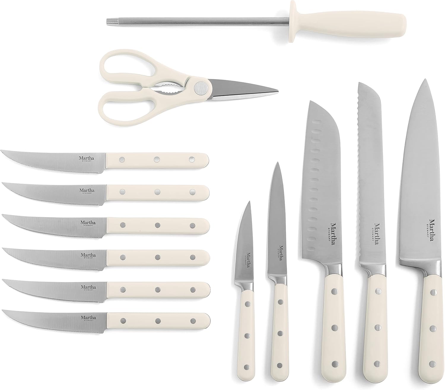 MARTHA STEWART Eastwalk 14 Piece High Carbon Stainless Steel Cutlery Kitchen Knife Block Set w/ABS Triple Riveted Forged Handle Acacia Wood Block - Linen White - Image 5